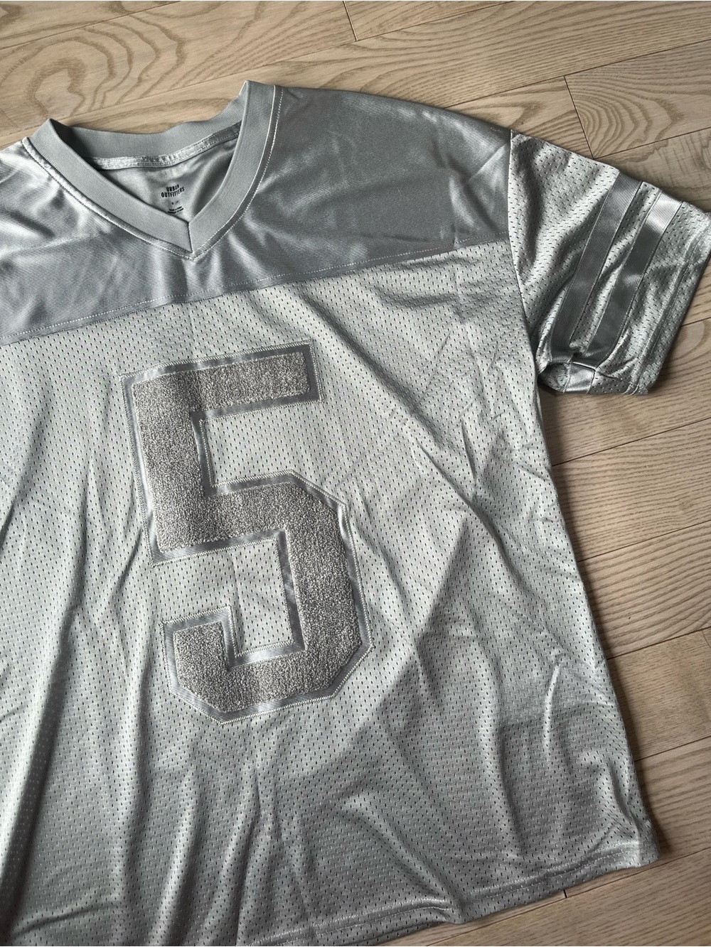 Urban Outfitters Silver Metallic Mesh V-Neck Jersey with Number 5
